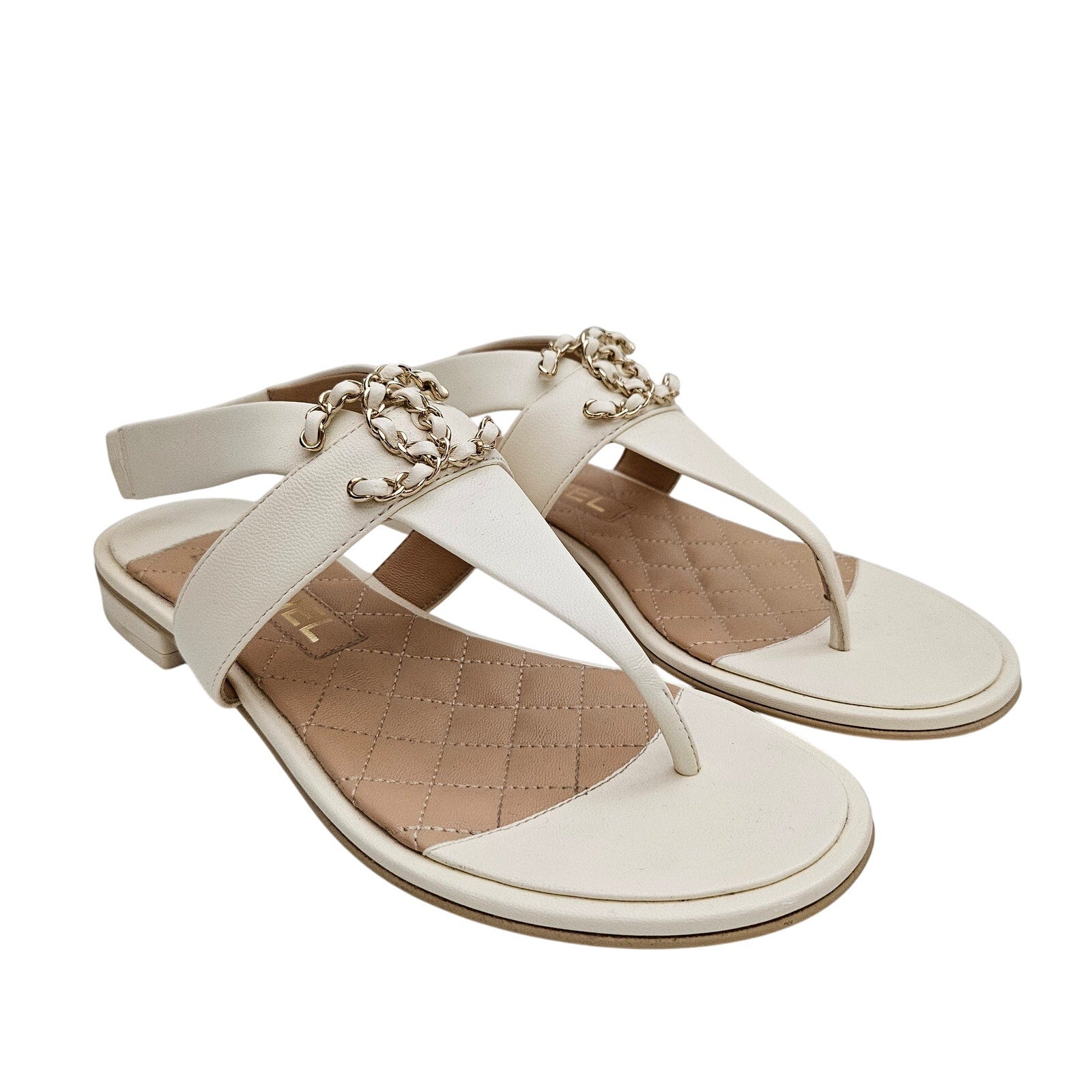 Chanel 21S White Leather Chain CC Sandals EU 37.5 / US 7.5