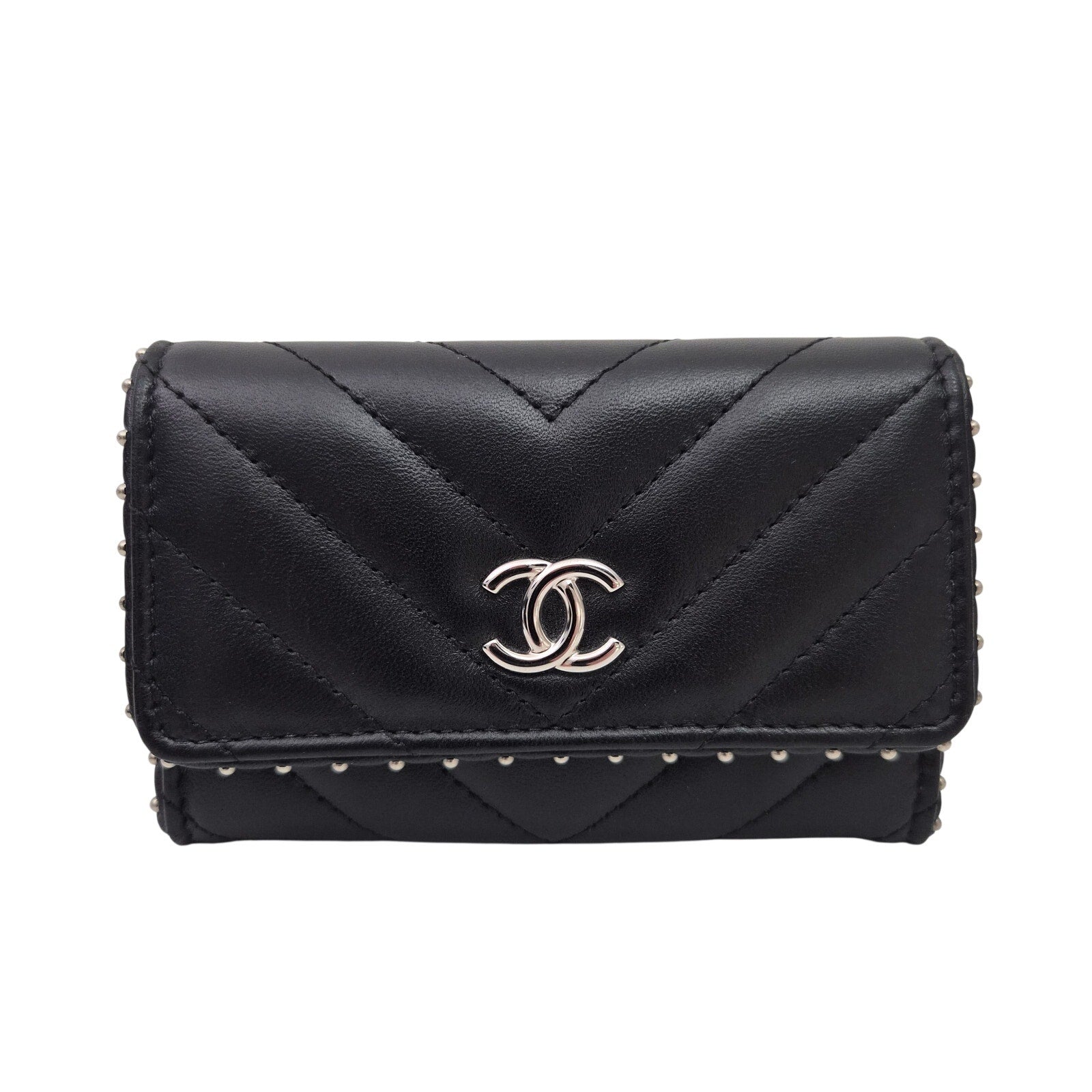 Chanel Lambskin Chevron Quilted Studded Cardholder Wallet Black
