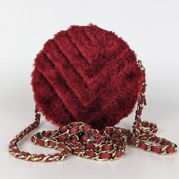 Chanel Red Shearling Round Clutch with Chain Crossbody Bag