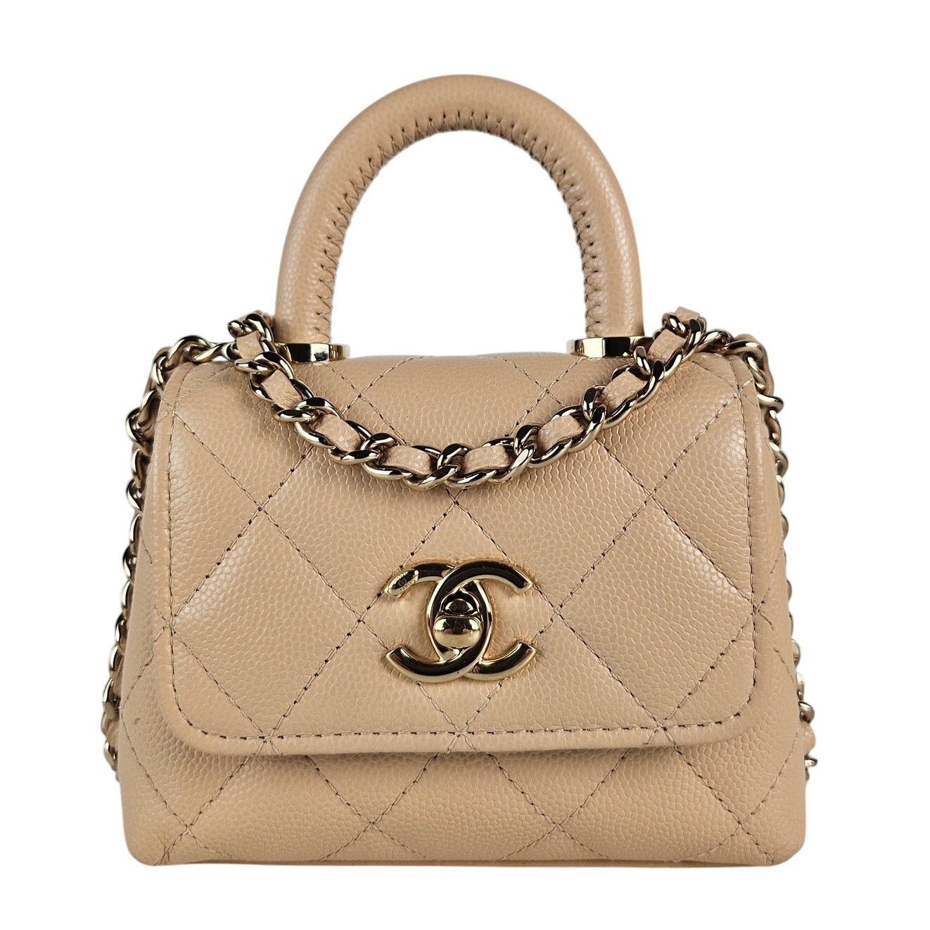 Chanel Nano Coco Top Handle Flap Bag Light Beige Caviar Gold Hardware 24K