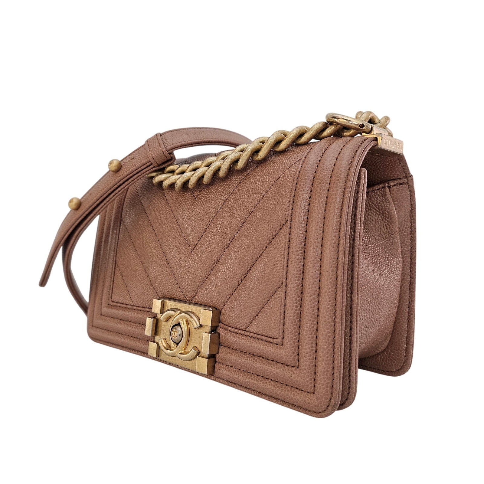 Chanel 18C Dark Beige Small Caviar Leather Boy Bag