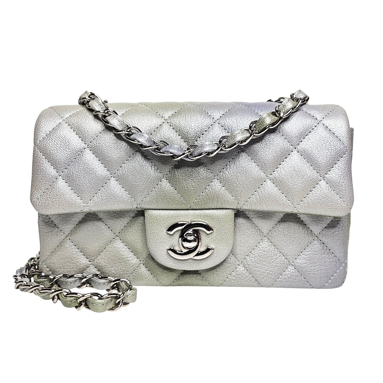 Chanel Rectangular Flap Mini Metallic Goatskin Gray Green Crossbody