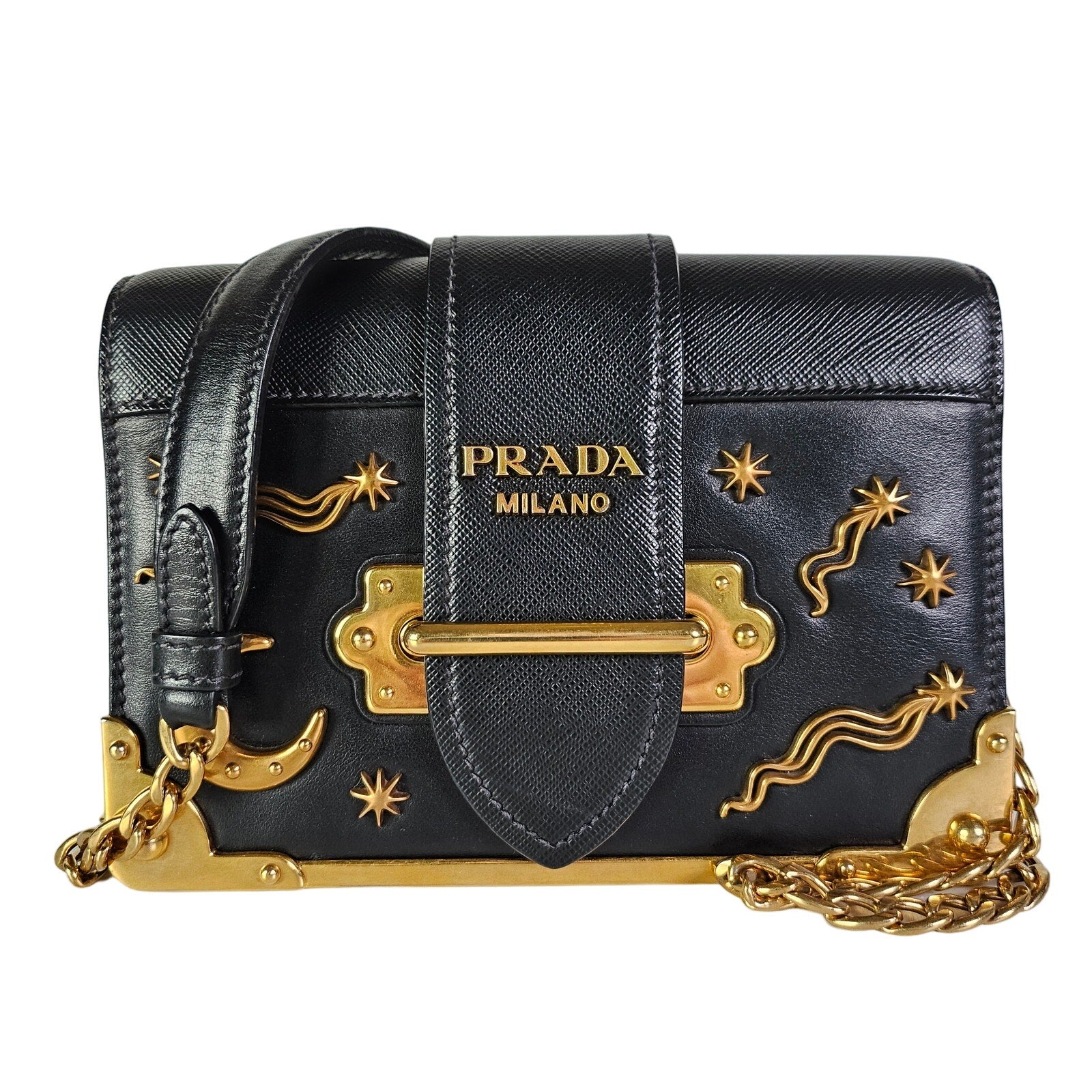 Prada Cahier Leather Astrology Moon Star Crossbody Bag Black