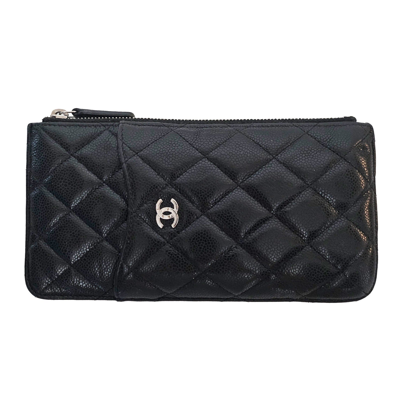 Chanel Black Caviar Leather Quilted Phone Holder Long ZIp Wallet