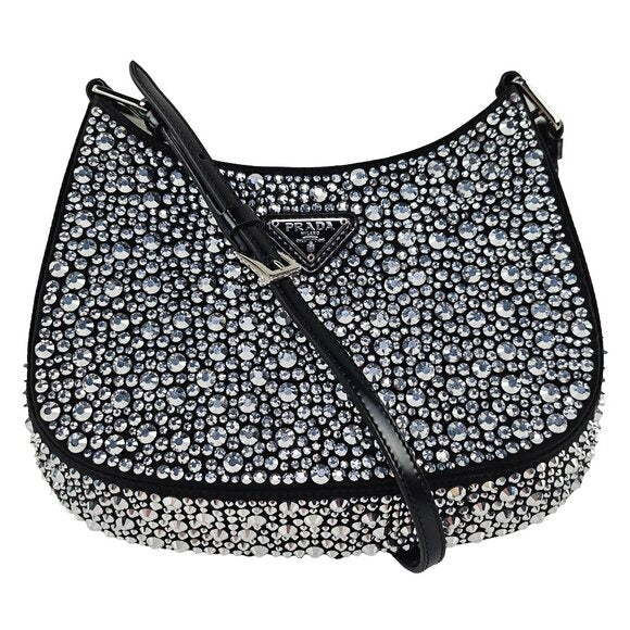 Prada Satin Crystal Cleo Shoulder Bag Black