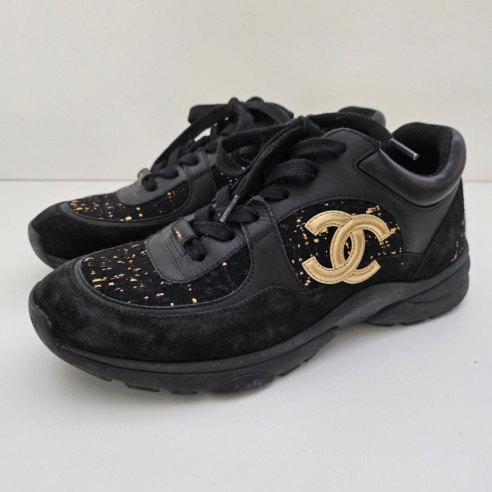 Chanel CC Black Suede Trainer Sneakers US 8.5 / EU 38.5