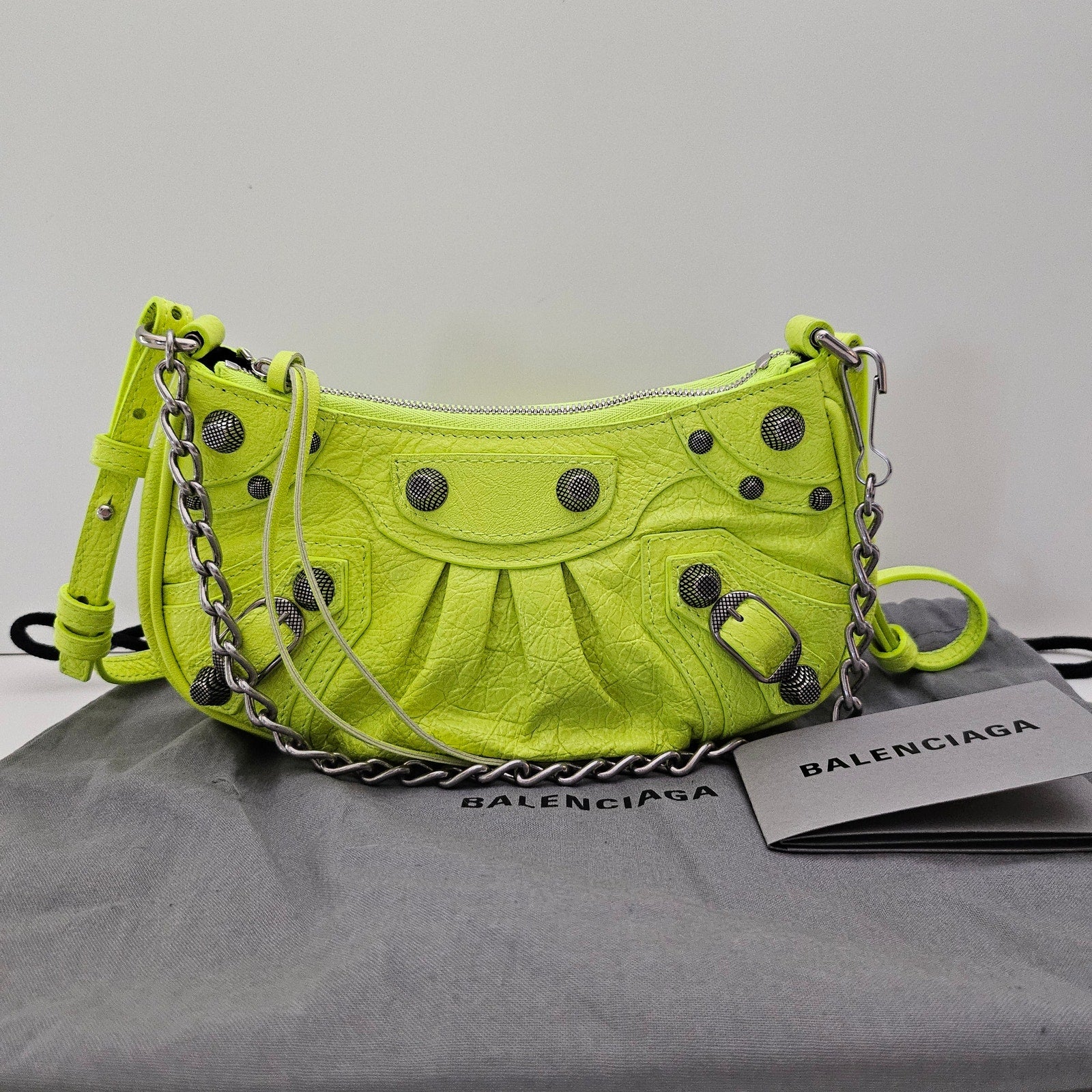Balenciaga Agneau Arena Le Cagole Mini Purse With Chain Neon Yellow
