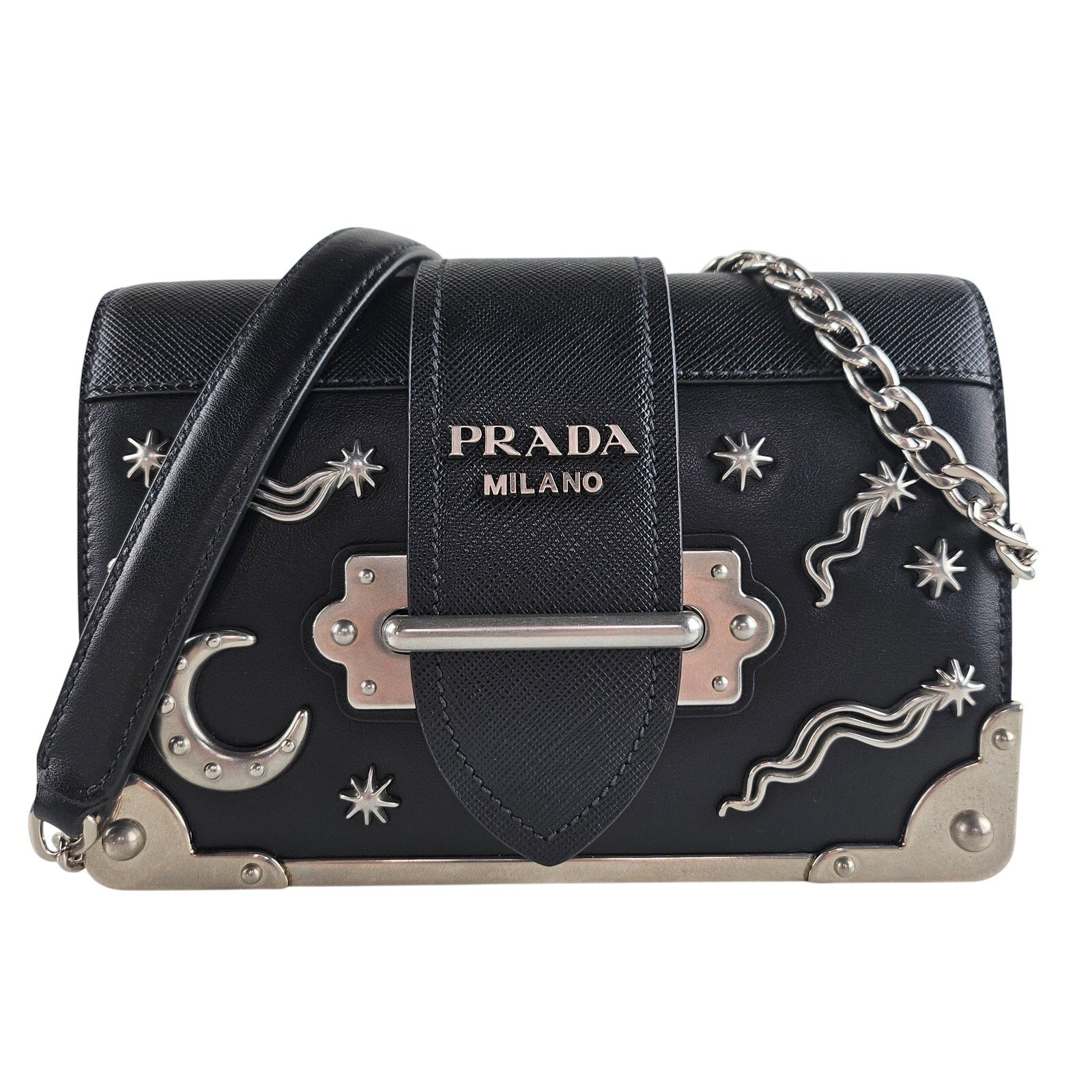 Prada Black Small Astrology Cahier Silver Hardware Leather Crossbody Bag