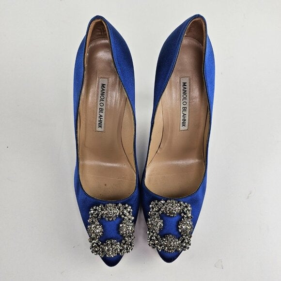 Manolo Blahnik Blue Satin Hangisi Crystal Pumps Size US 7.5 / EU 37.5