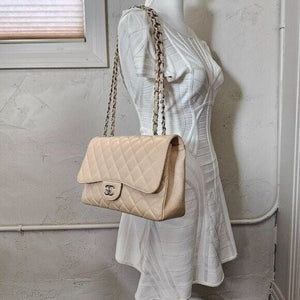 Chanel Caviar Leather Quilted Jumbo Single Flap Beige