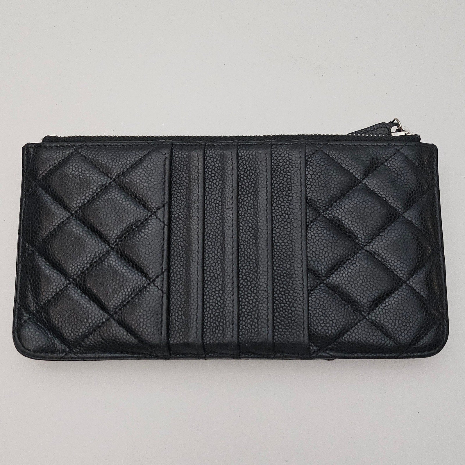 Chanel Black Caviar Leather Quilted Phone Holder Long ZIp Wallet