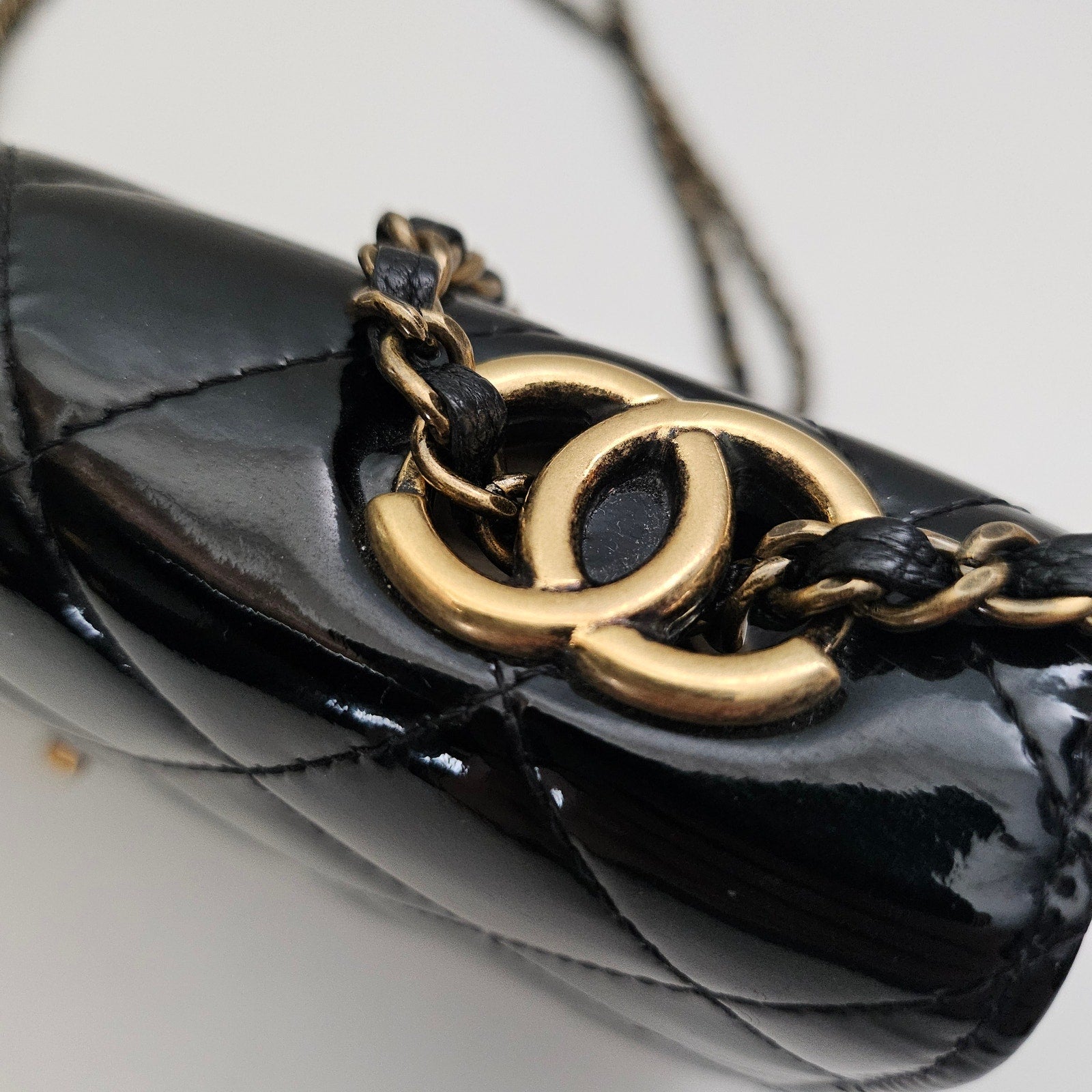 Chanel Patent Goatskin Quilted CC Eyelet Wallet On Chain WOC Black
