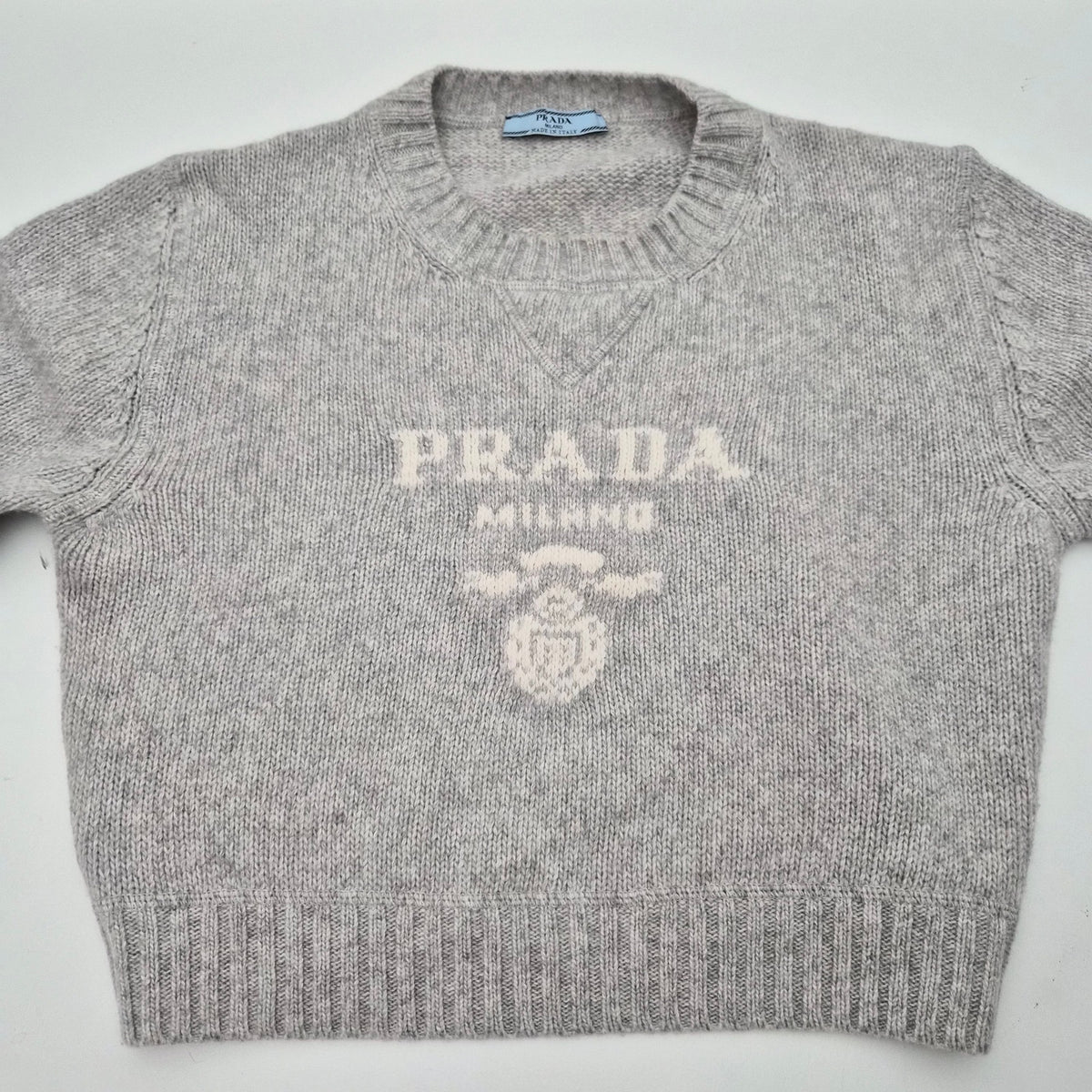 Prada Wool and Cashmere Crew-Neck Logo Sweater Gray Size 40