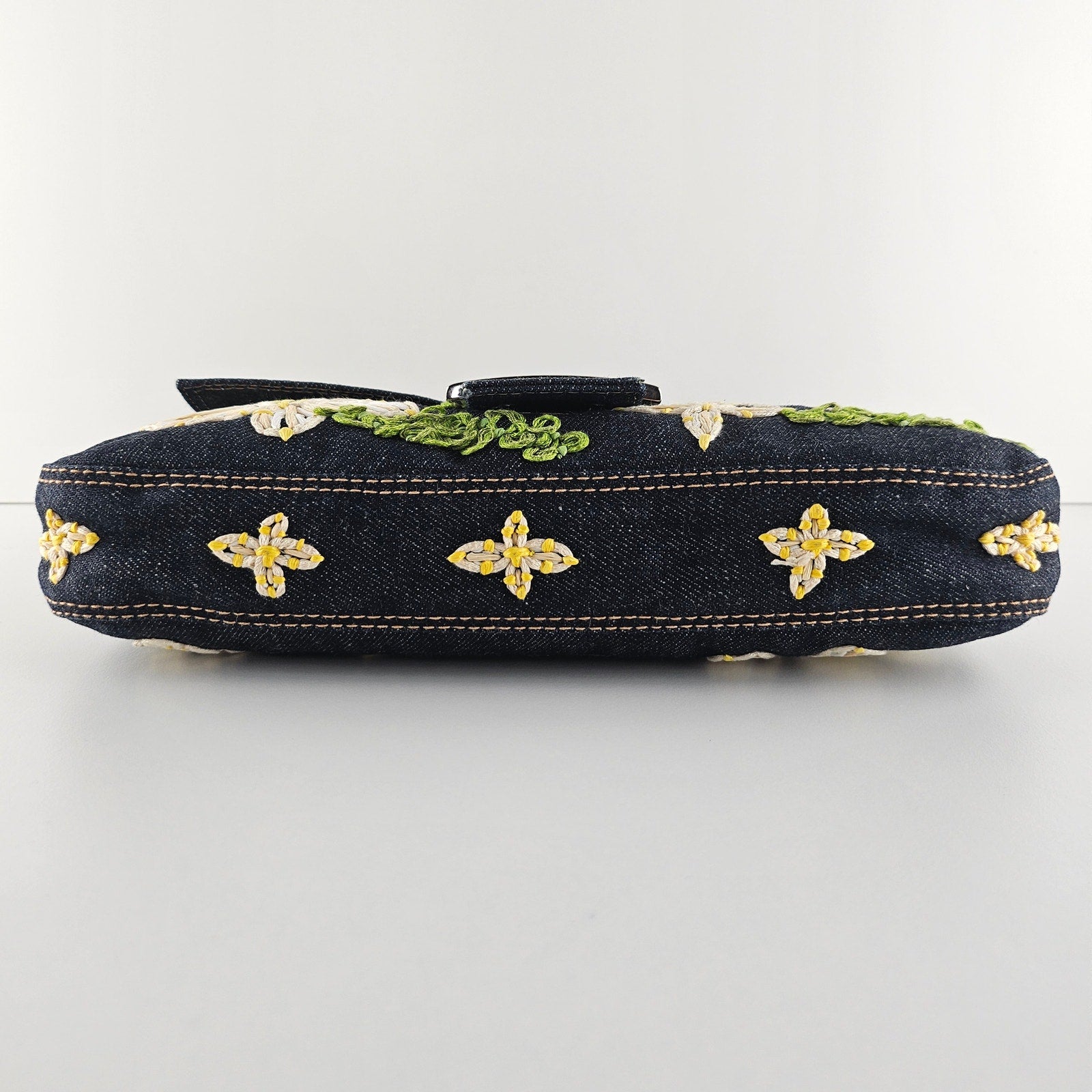 Fendi Navy Denim Yellow Flower Raffia Embroidered Baguette Bag