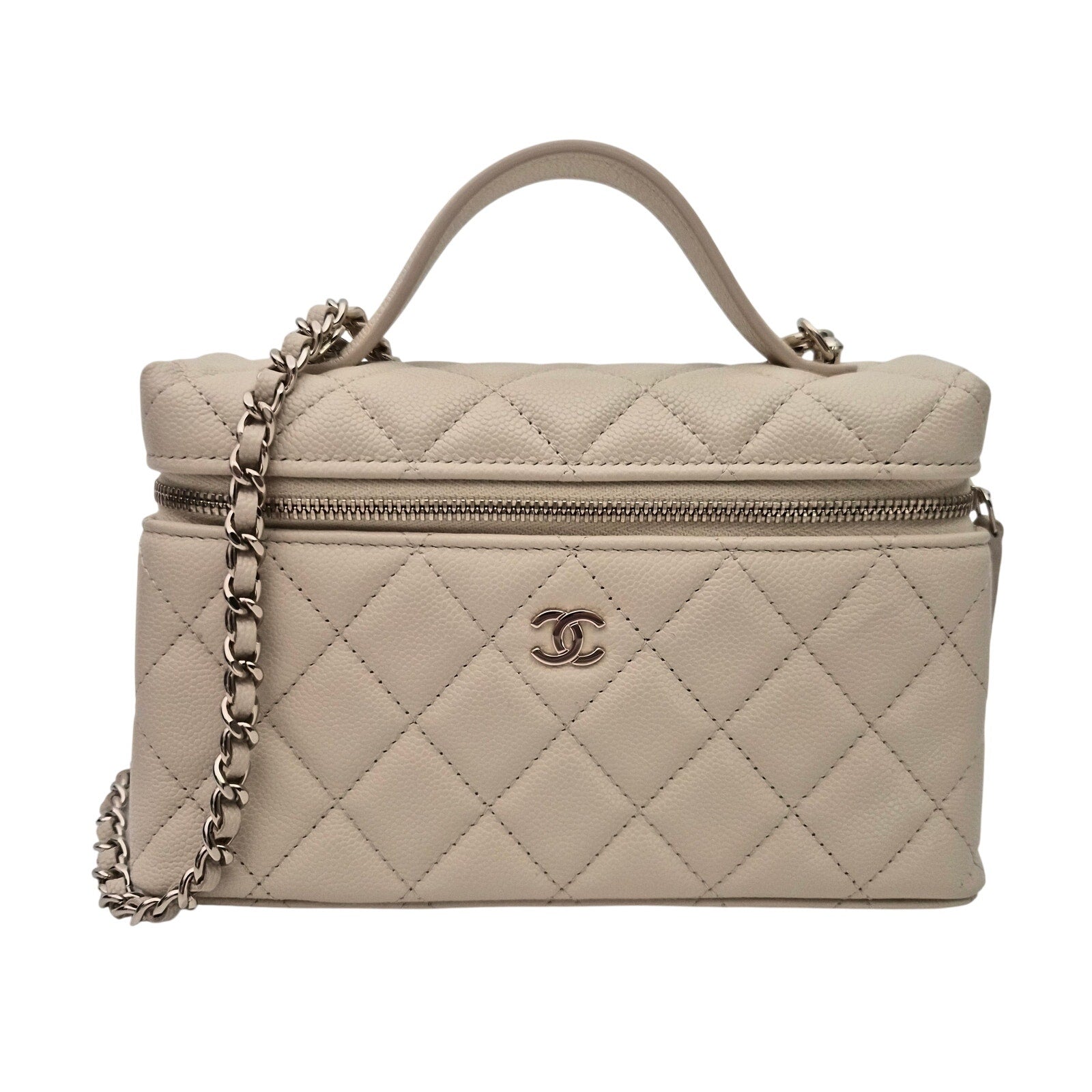 Chanel Caviar Quilted Top Handle Slim Vanity With Chain Beige