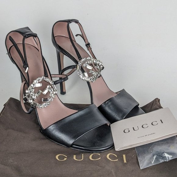 Gucci Crystal GG Black Leather Strappy Sandal Heels US 10 / EU 40