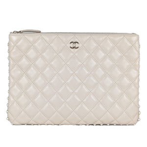 Chanel O Case Clutch Quilted Calfskin with Pearl Detail Medium White