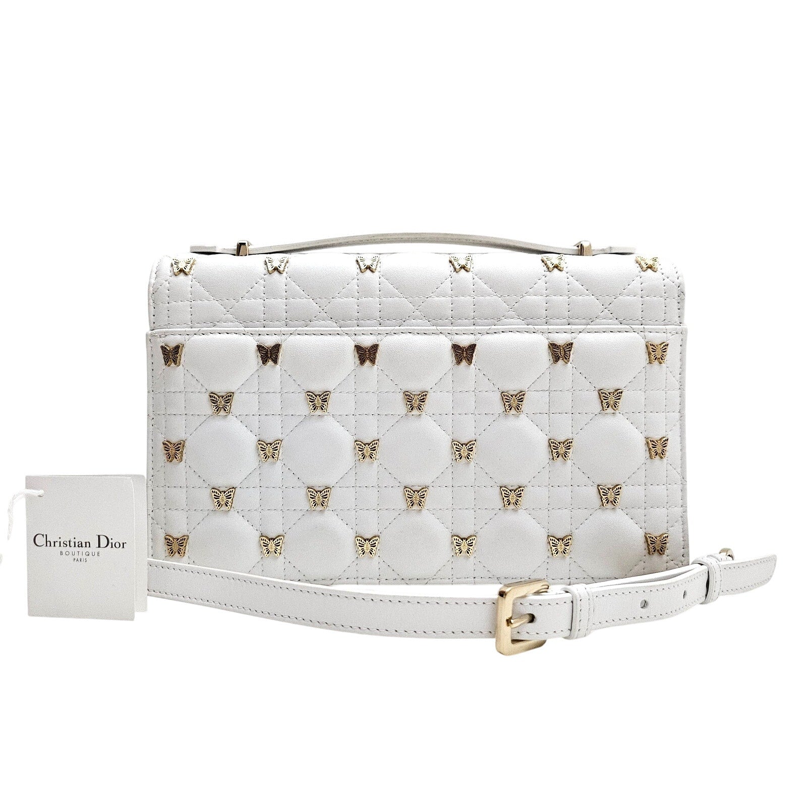 Christian Dior Lambskin Cannage Butterfly Studs Miss Dior Shoulder Bag White