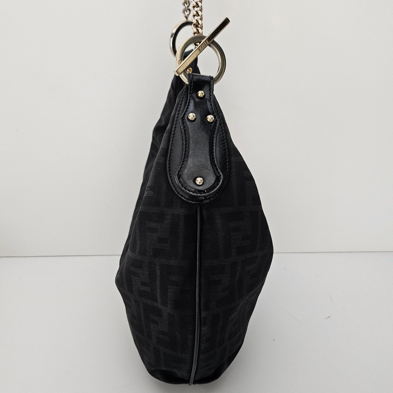 Fendi Black Zucca Canvas and Patent Leather Chef Chain Hobo