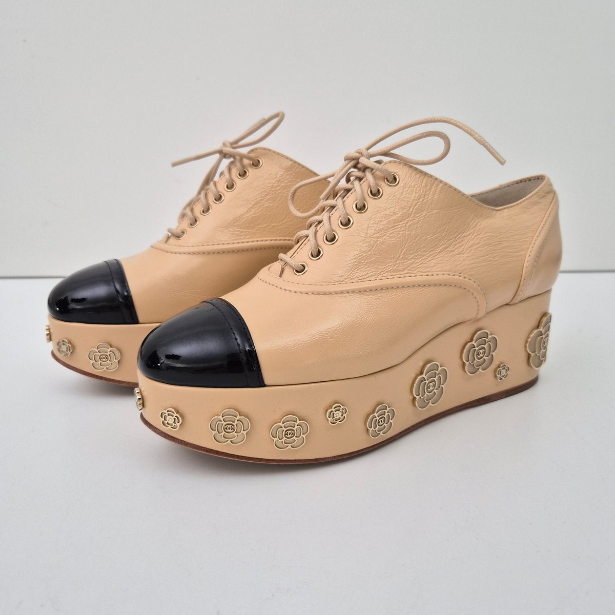 Chanel Beige and Black Camellia Platform Lace-Up Oxfords US 6.5 / EU 36.5