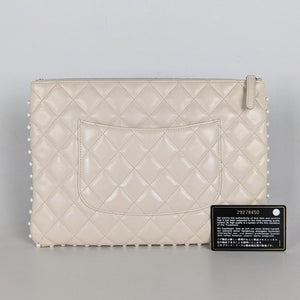 Chanel O Case Clutch Quilted Calfskin with Pearl Detail Medium White