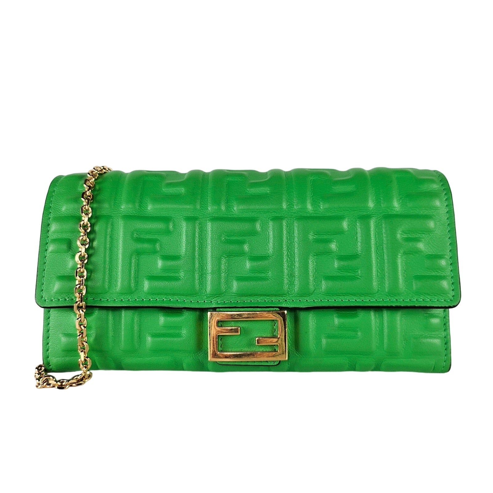 Fendi Baguette Continental Wallet on Chain Zucca Embossed Leather Green