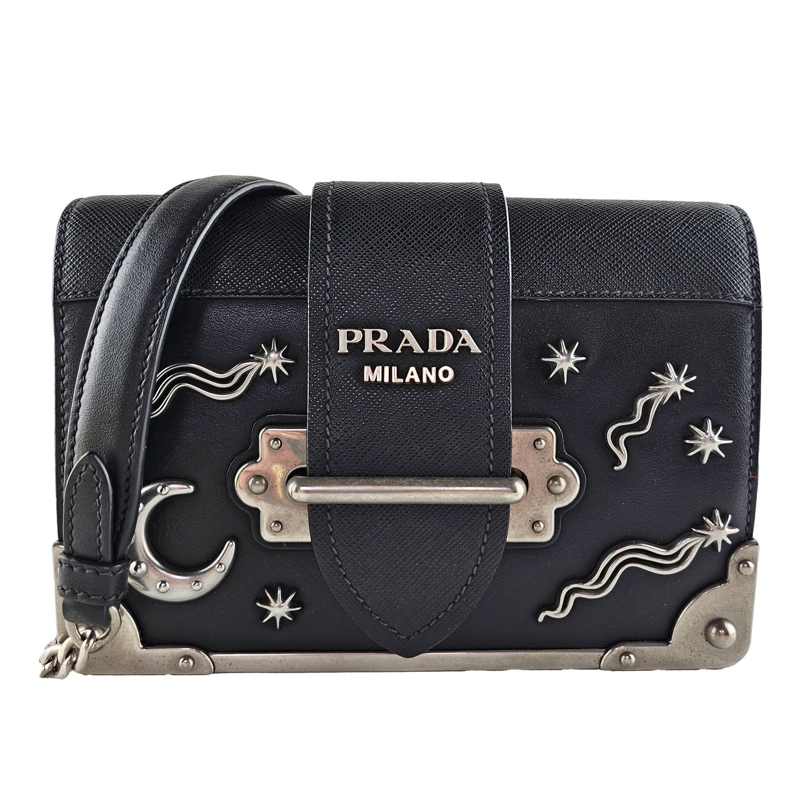 Prada Black Small Astrology Cahier Silver Hardware Leather Crossbody Bag