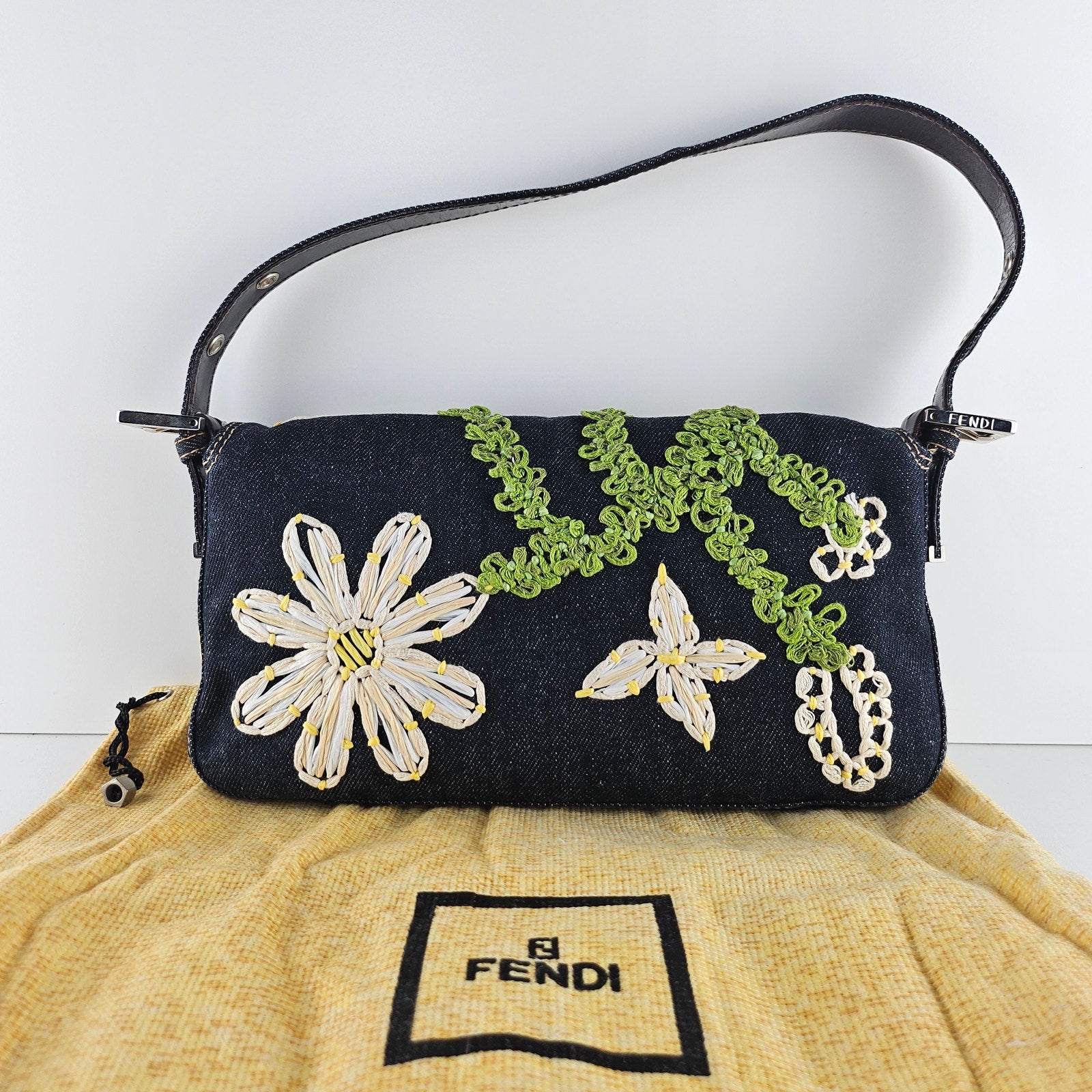 Fendi Navy Denim Yellow Flower Raffia Embroidered Baguette Bag