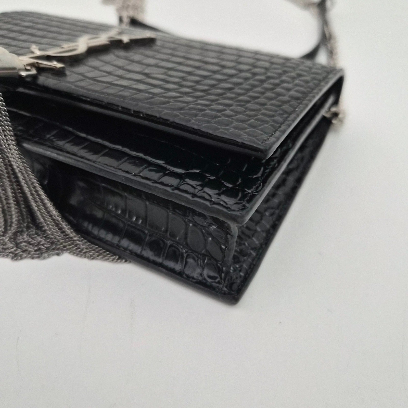 Saint Laurent Crocodile Embossed Kate Monogram Tassel Chain Wallet Black