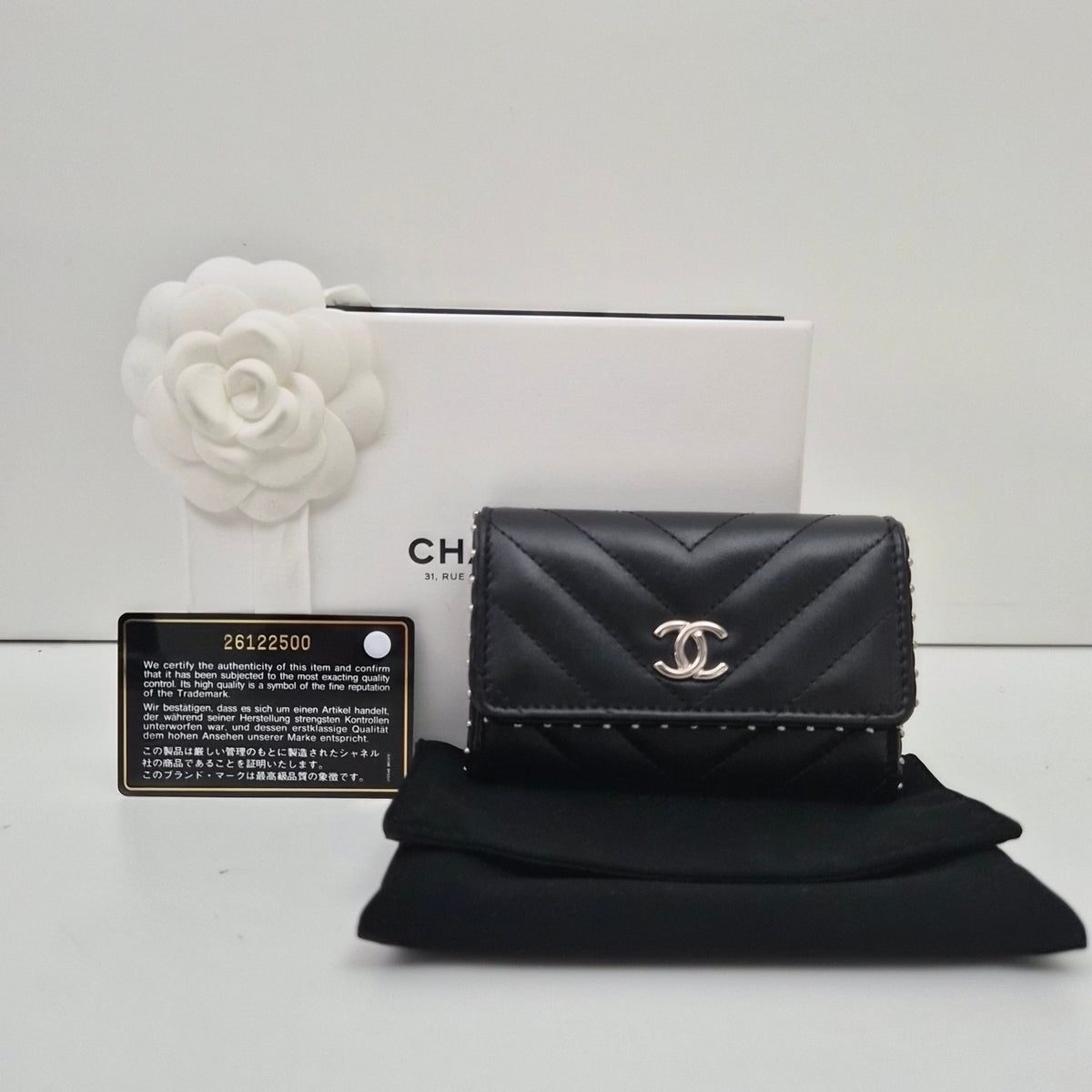 Chanel Lambskin Chevron Quilted Studded Cardholder Wallet Black