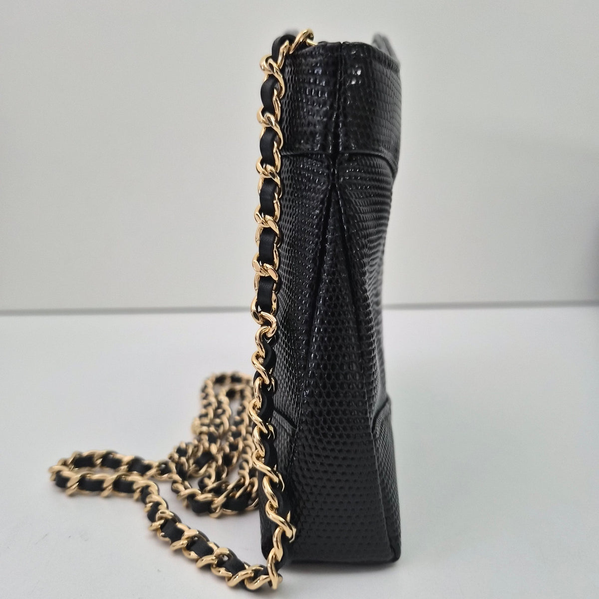 Chanel 31 Lizard Embossed Calfskin Clutch with Chain Black