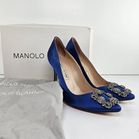 Manolo Blahnik Blue Satin Hangisi Crystal Pumps Size US 7.5 / EU 37.5