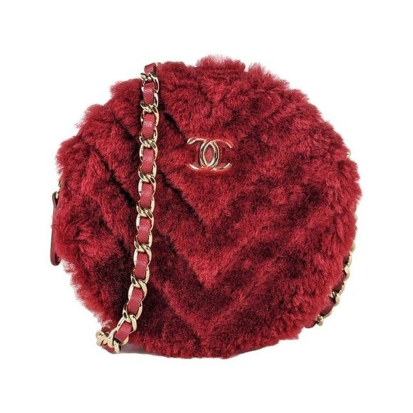 Chanel Red Shearling Round Clutch with Chain Crossbody Bag