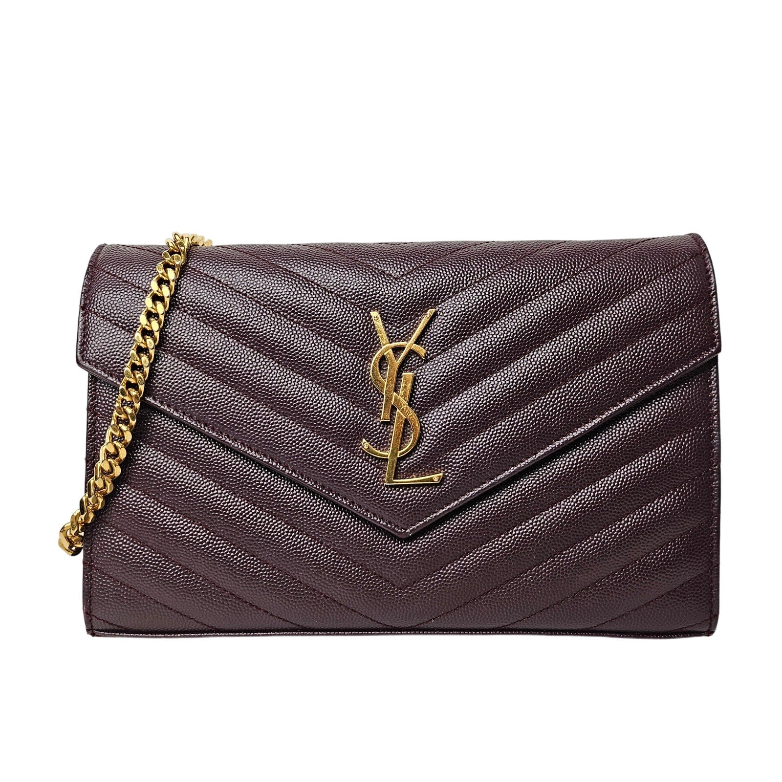 Saint Laurent Grain De Poudre Matelasse Monogram Chain Wallet Amarena Burgundy