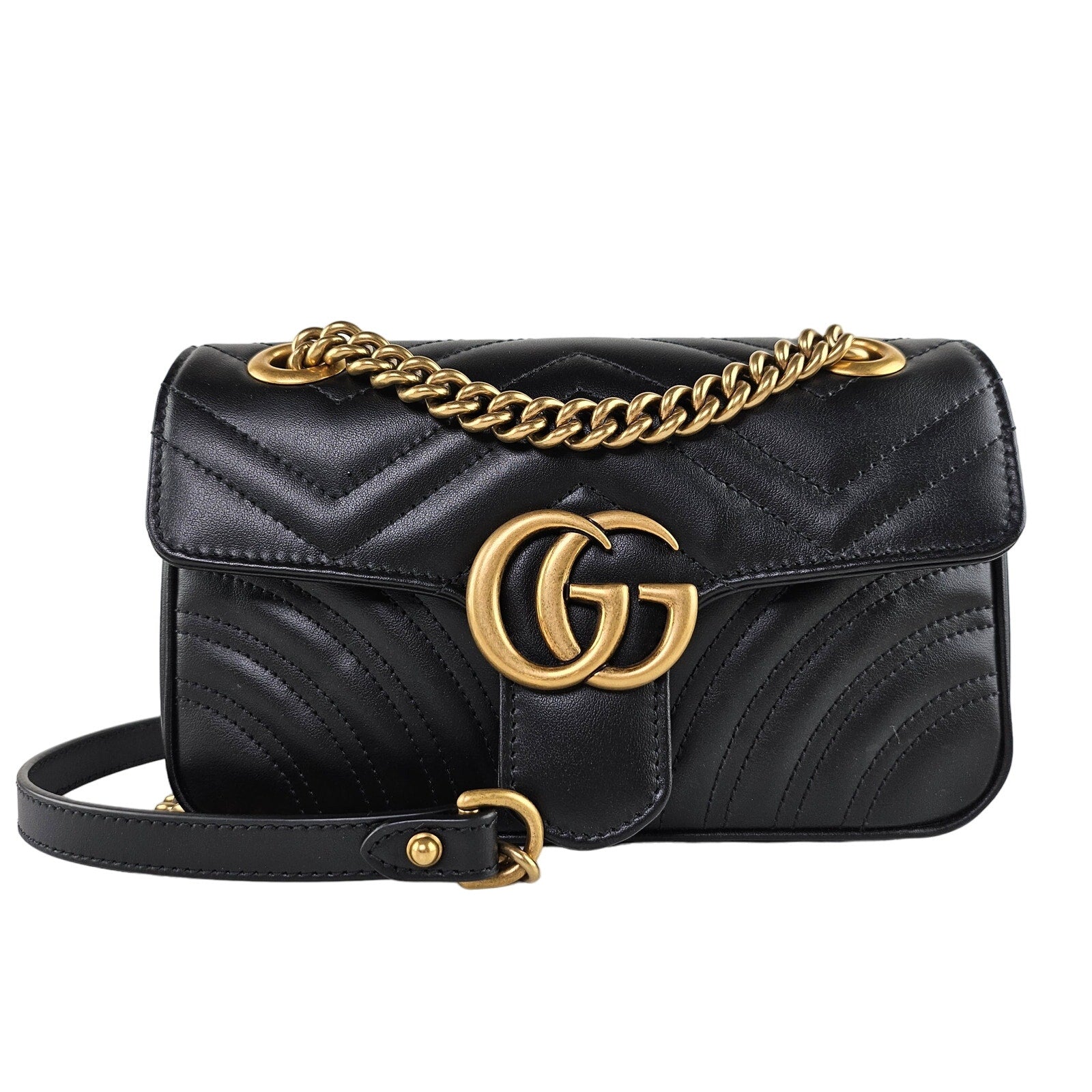 Gucci Matelasse Leather Mini GG Marmont Shoulder Bag Black