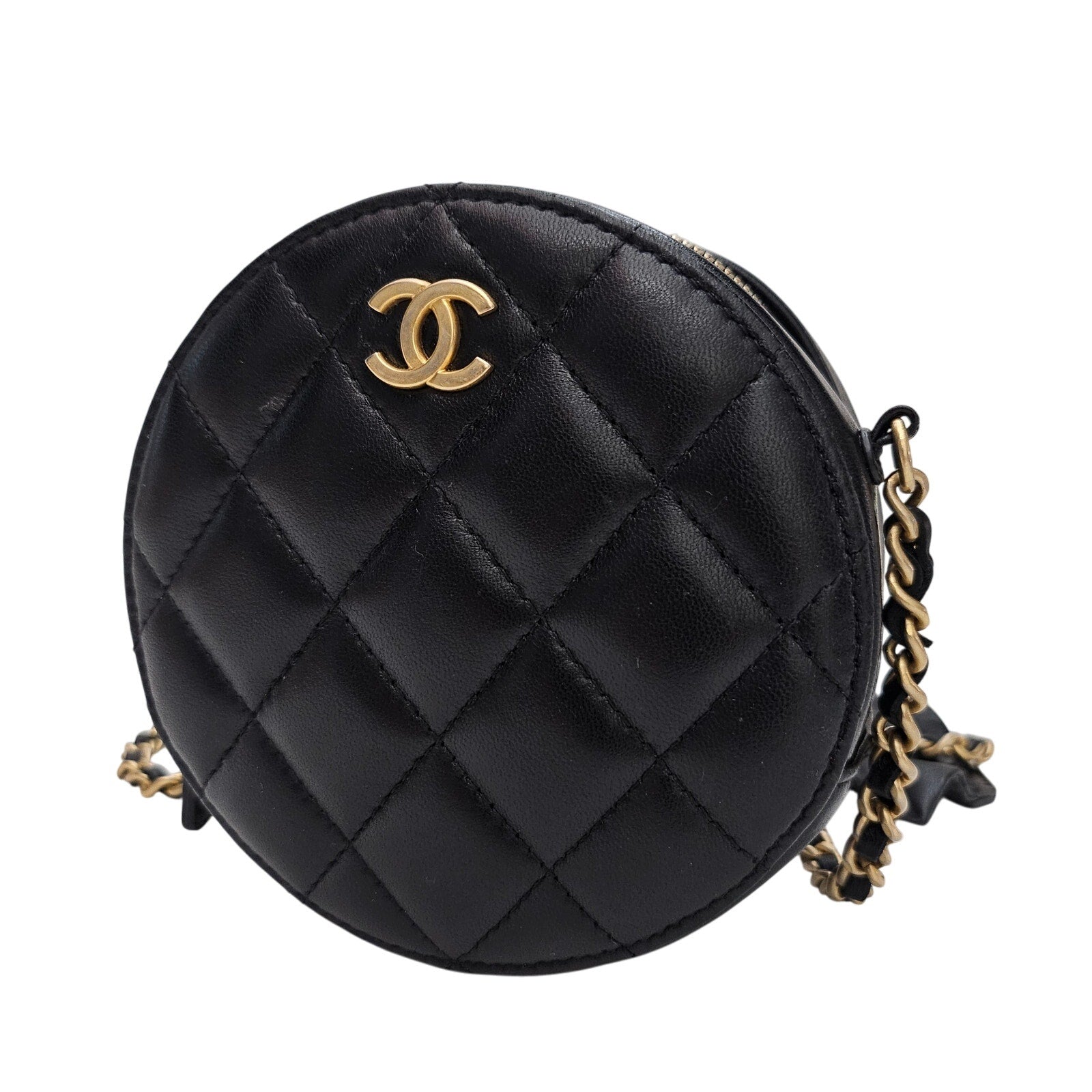 Chanel Lambskin Quilted Romance Round Clutch With Chain Black