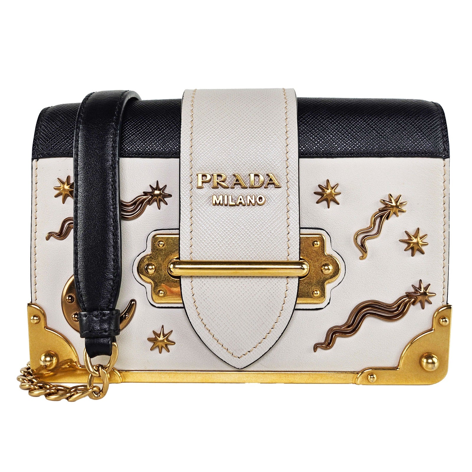 Prada Astrology Moon Stars Small Leather Cahier GHW Crossbody Bag White