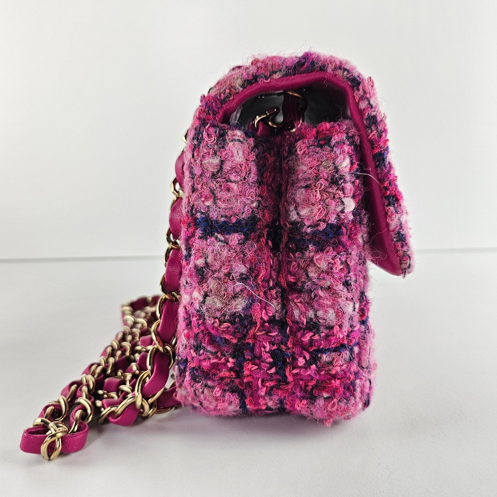 Chanel Mini Classic Flap Mixed Fibers Tweed Fuchsia Pink Crossbody