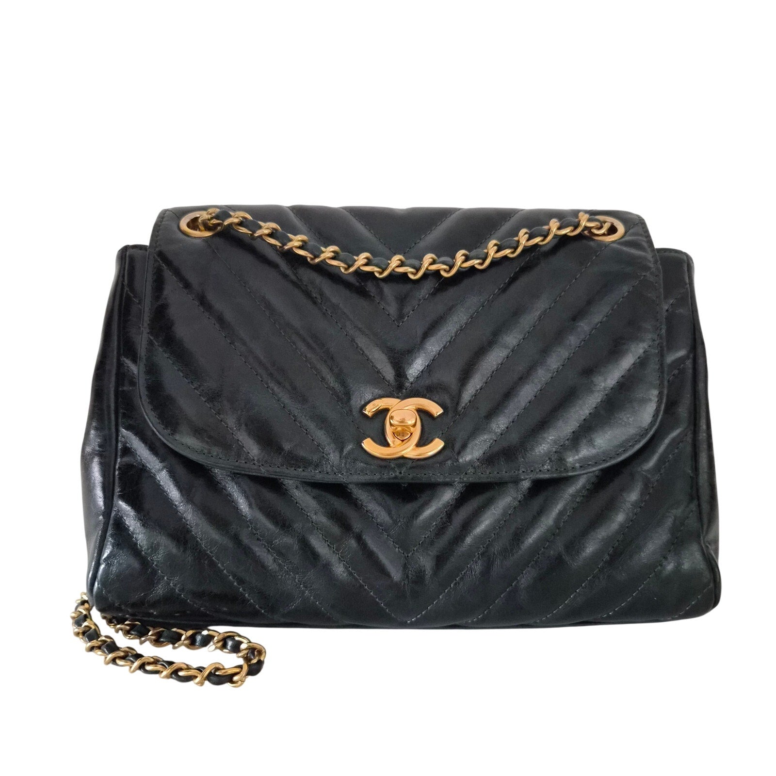 Chanel Dark Green Chevron Hampton Flap Shoulder Bag