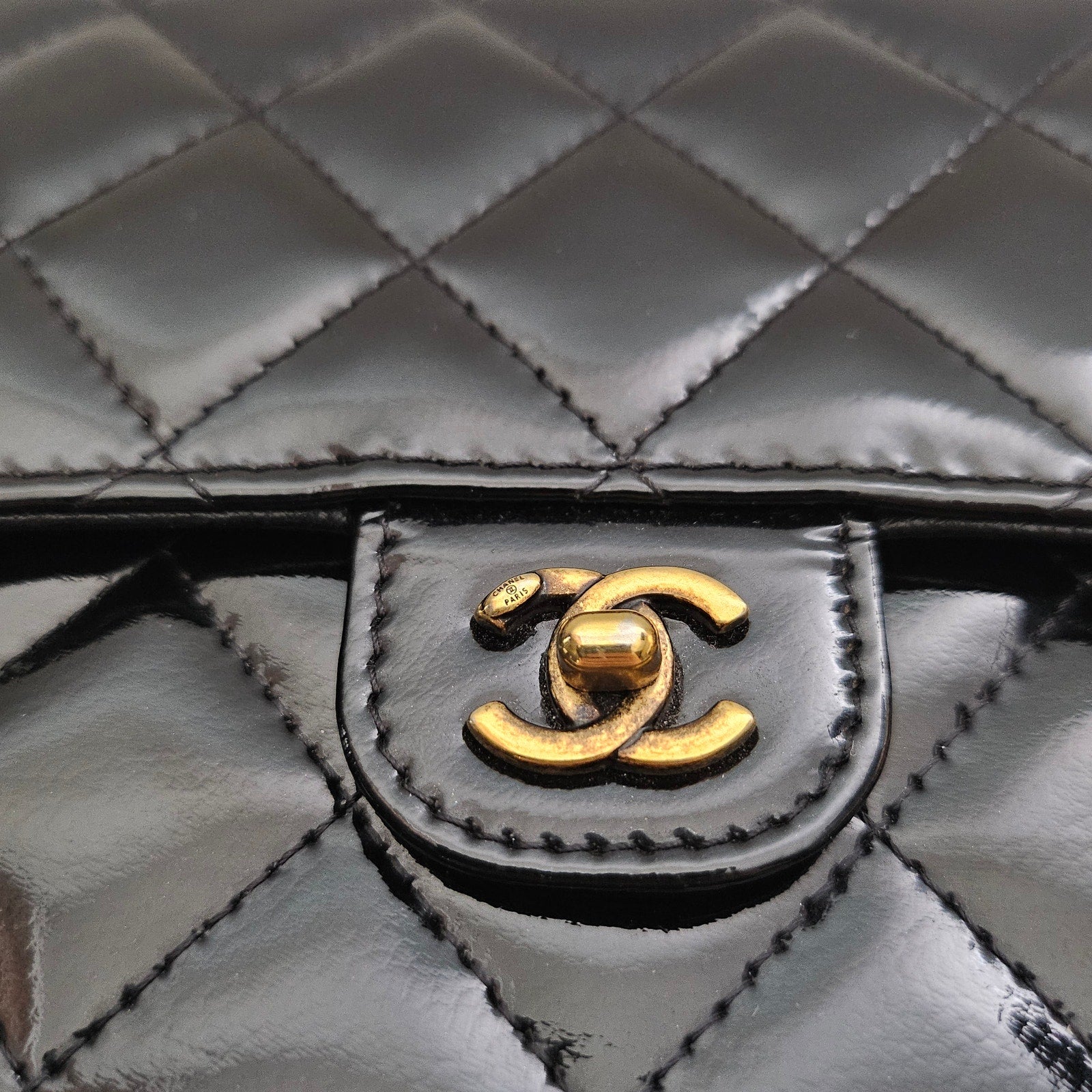 Chanel Patent Goatskin Quilted CC Eyelet Wallet On Chain WOC Black