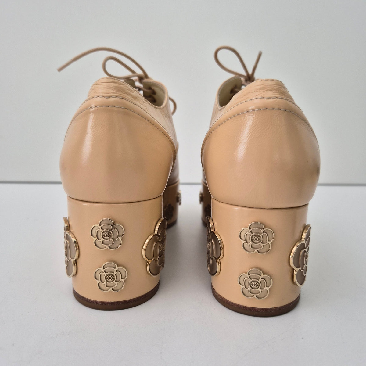 Chanel Beige and Black Camellia Platform Lace-Up Oxfords US 6.5 / EU 36.5
