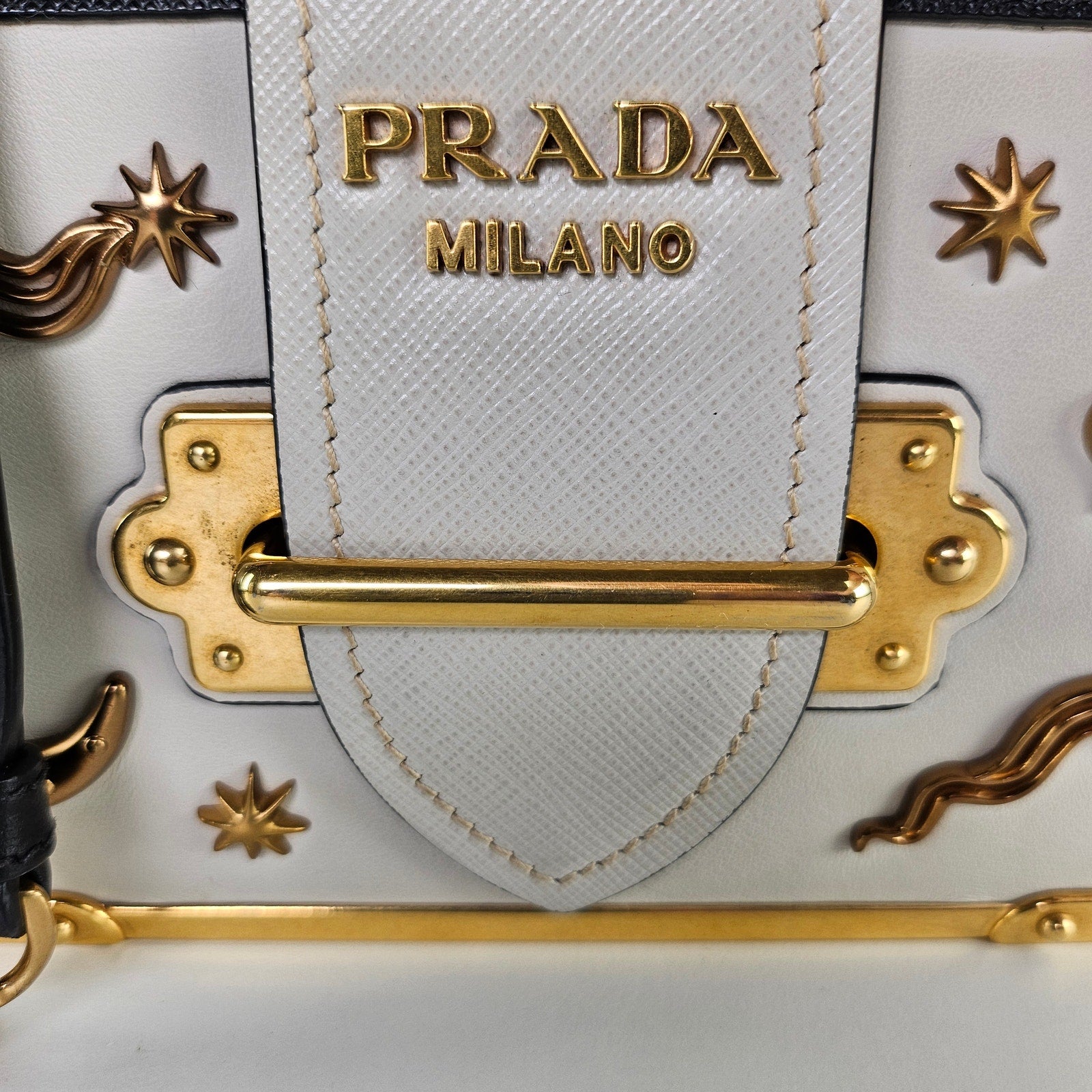 Prada Astrology Moon Stars Small Leather Cahier GHW Crossbody Bag White