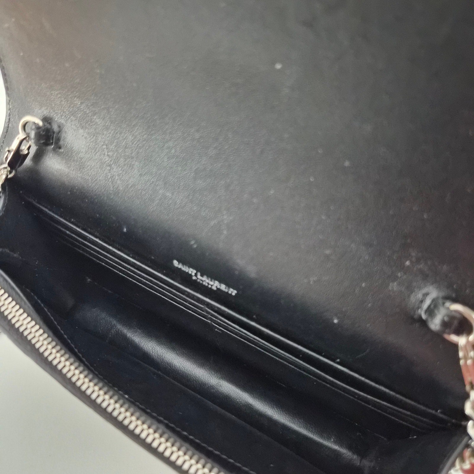 Saint Laurent Crocodile Embossed Kate Monogram Tassel Chain Wallet Black