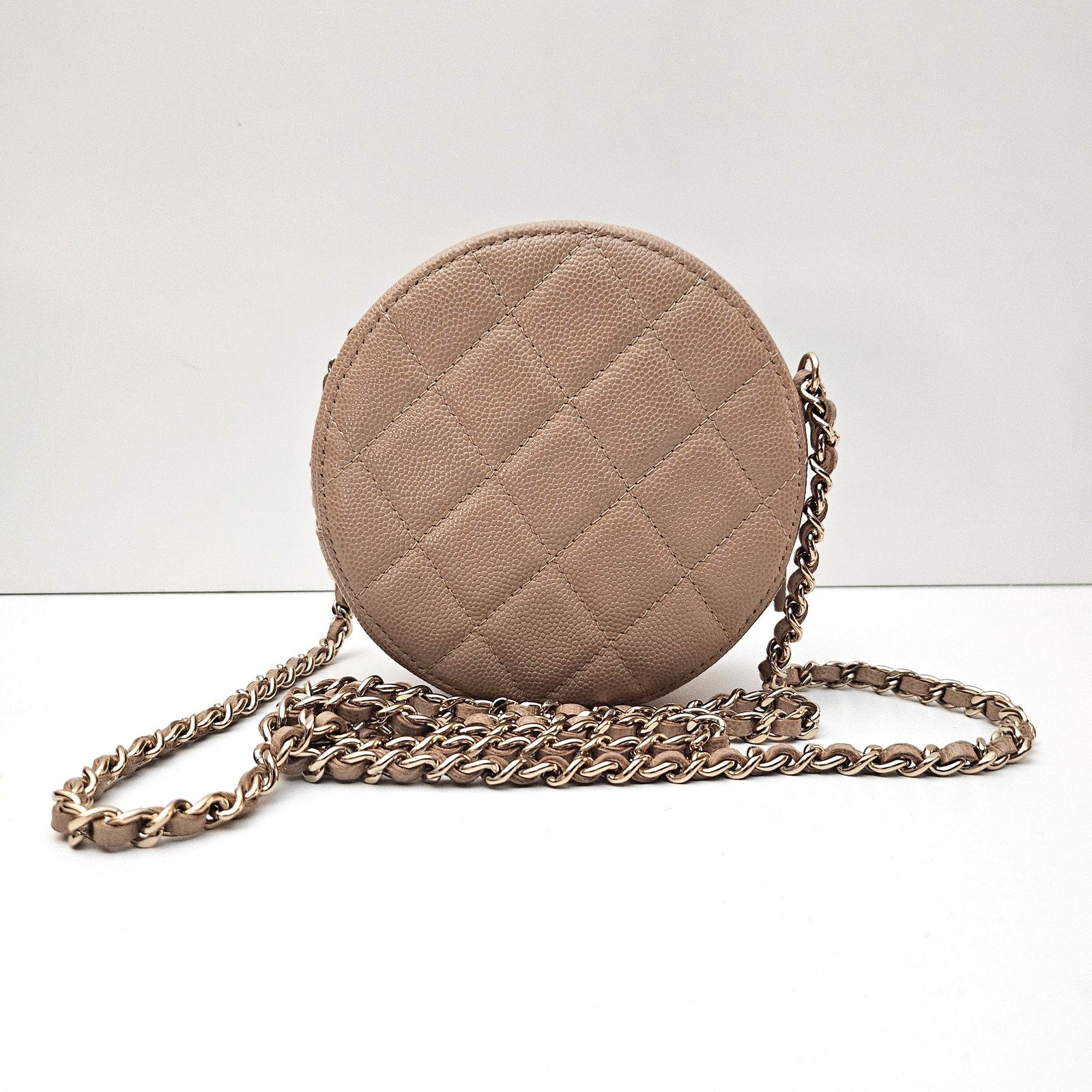 Chanel Iridescent Caviar Quilted Round Clutch With Chain Beige