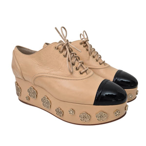 Chanel Beige and Black Camellia Platform Lace-Up Oxfords US 6.5 / EU 36.5