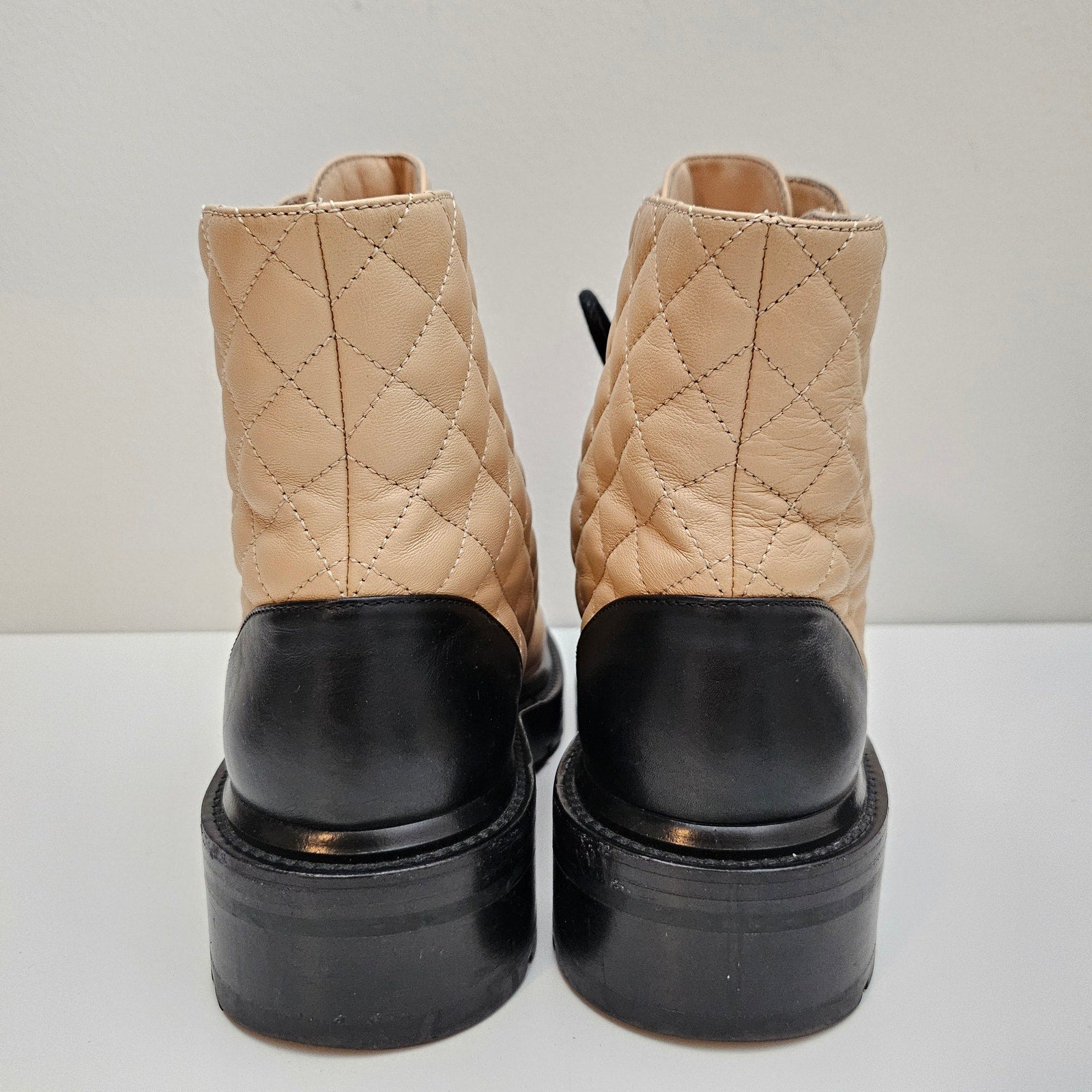 Chanel 21A CC Calfskin Quilted Lace Up Combat Boots US 8 / EU 38