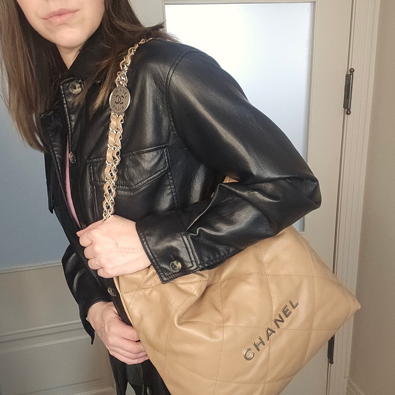 Chanel Shiny Calfskin Quilted Small Chanel 22 Hobo Beige Brown