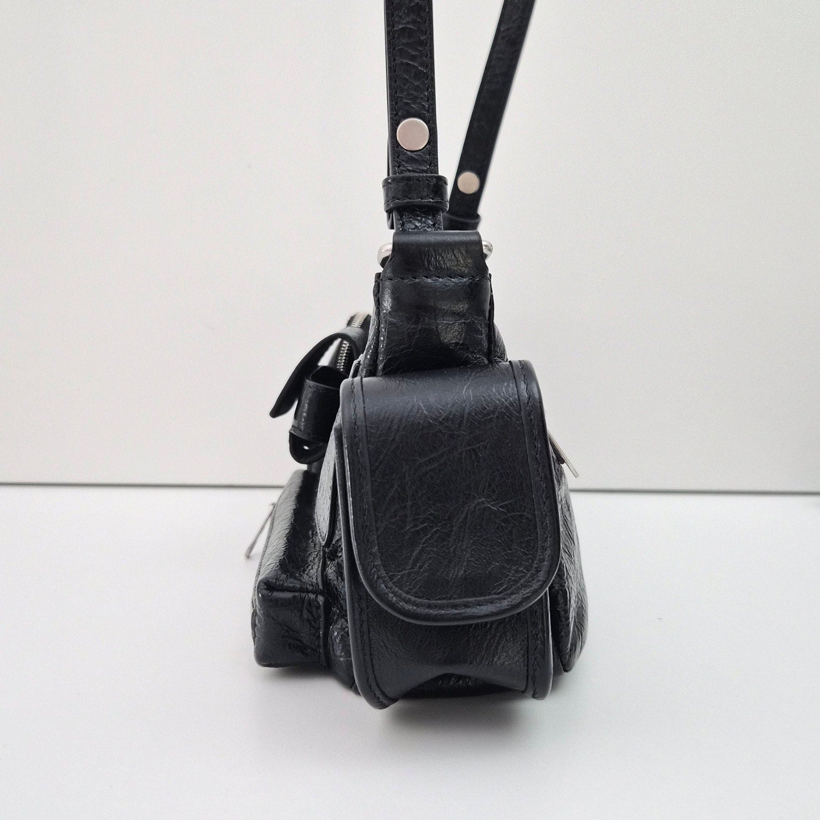 Balenciaga Agneau Arena Superbusy XS Sling Zip Shoulder Bag Black