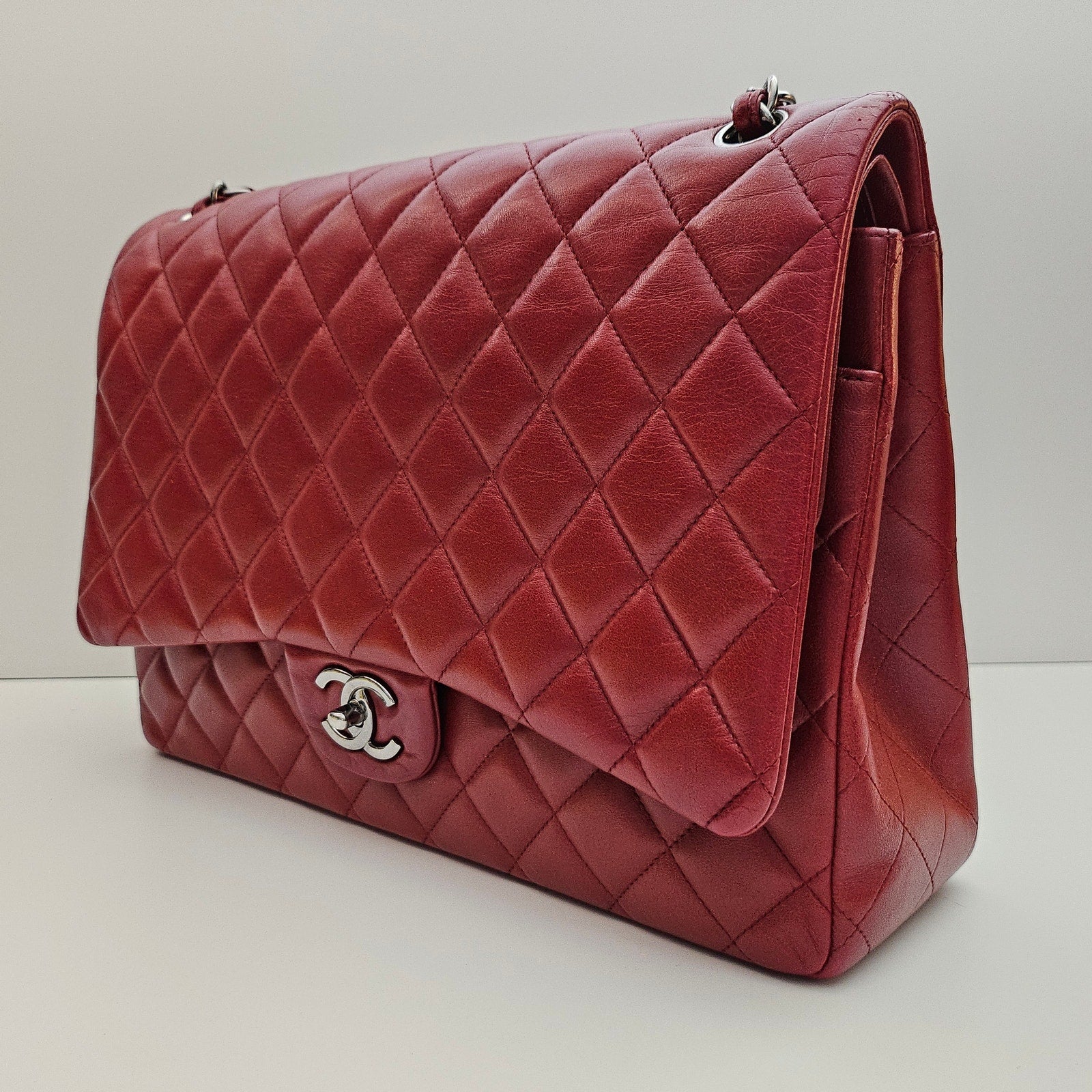 Chanel Burgundy Red Maxi Lambskin Classic Flap Bag