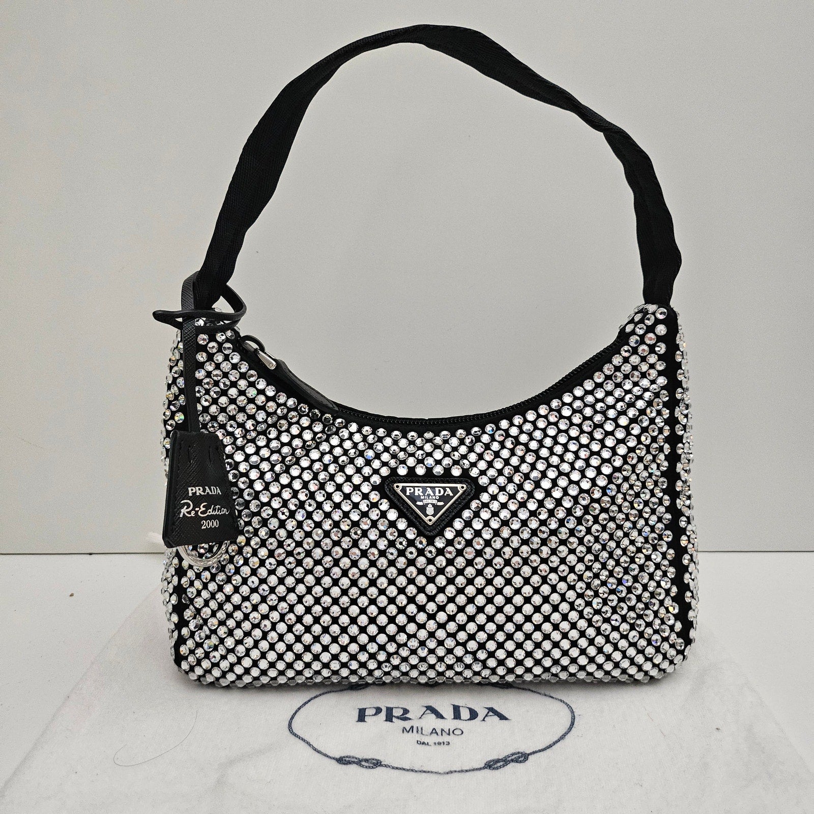 Prada Satin Crystal Mini Re-Edition 2000 Bag Black